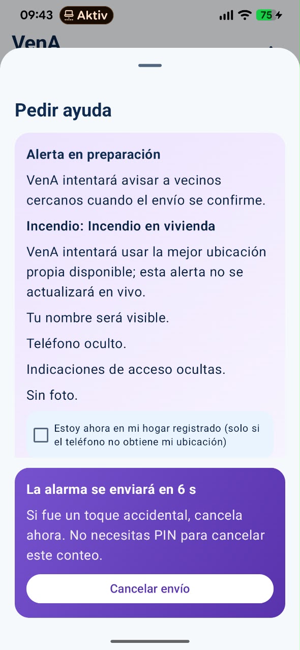 Echter VenA-Screenshot: Alarm in Vorbereitung vor der Versandbestätigung